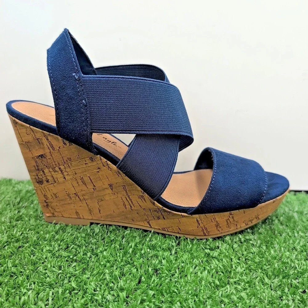 American Eagle AE Women's Shoes 5 Ryan Wedge Sandals Navy Blue Cork Heel Straps